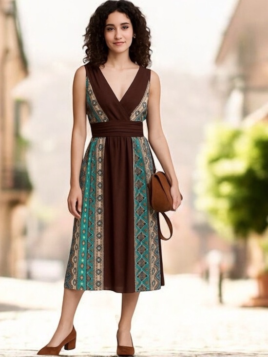 Sandra Darren Dresses & Skirts - Sandra Darren Floral Brown & Aqua Boho Sleeveless V Neck Cocktail Party Dress 12